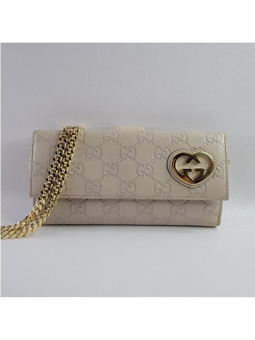 GUCCI Ssima Lovely Heart GG Logo Leather Long Wallet